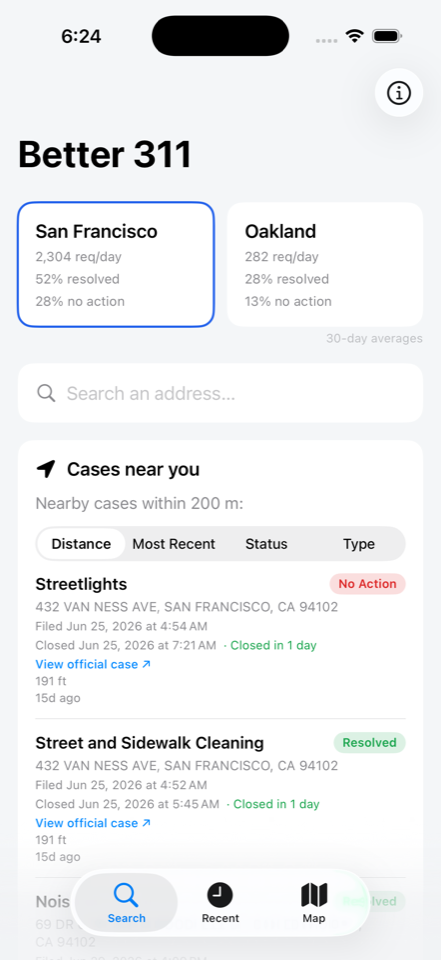 Cases near you with distance badges