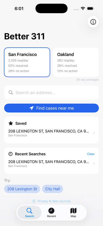 Search screen with city stats and saved addresses